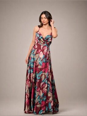 OPEN BACK WINE COLOR FLORAL WRAP MAXI DRESS